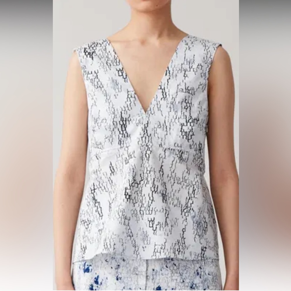 Cos Printed Organic Cotton Top Sz 4 White Sleeveless V Neck